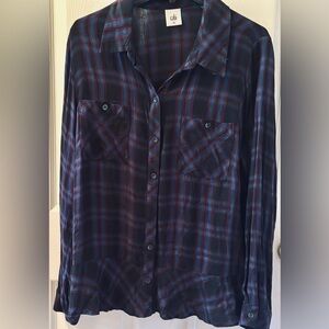 CAbi Navy and Red Plaid Button-Up Blouse